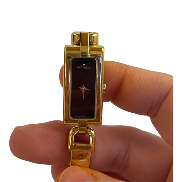 Like New!! Movado rectangle black dial with yellow gold bracelet watch. - Picture 4 of 8